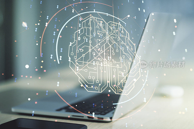 Double exposure of creative artificial Intelligence symbol with modern laptop on background. Neural networks and machine learning concept